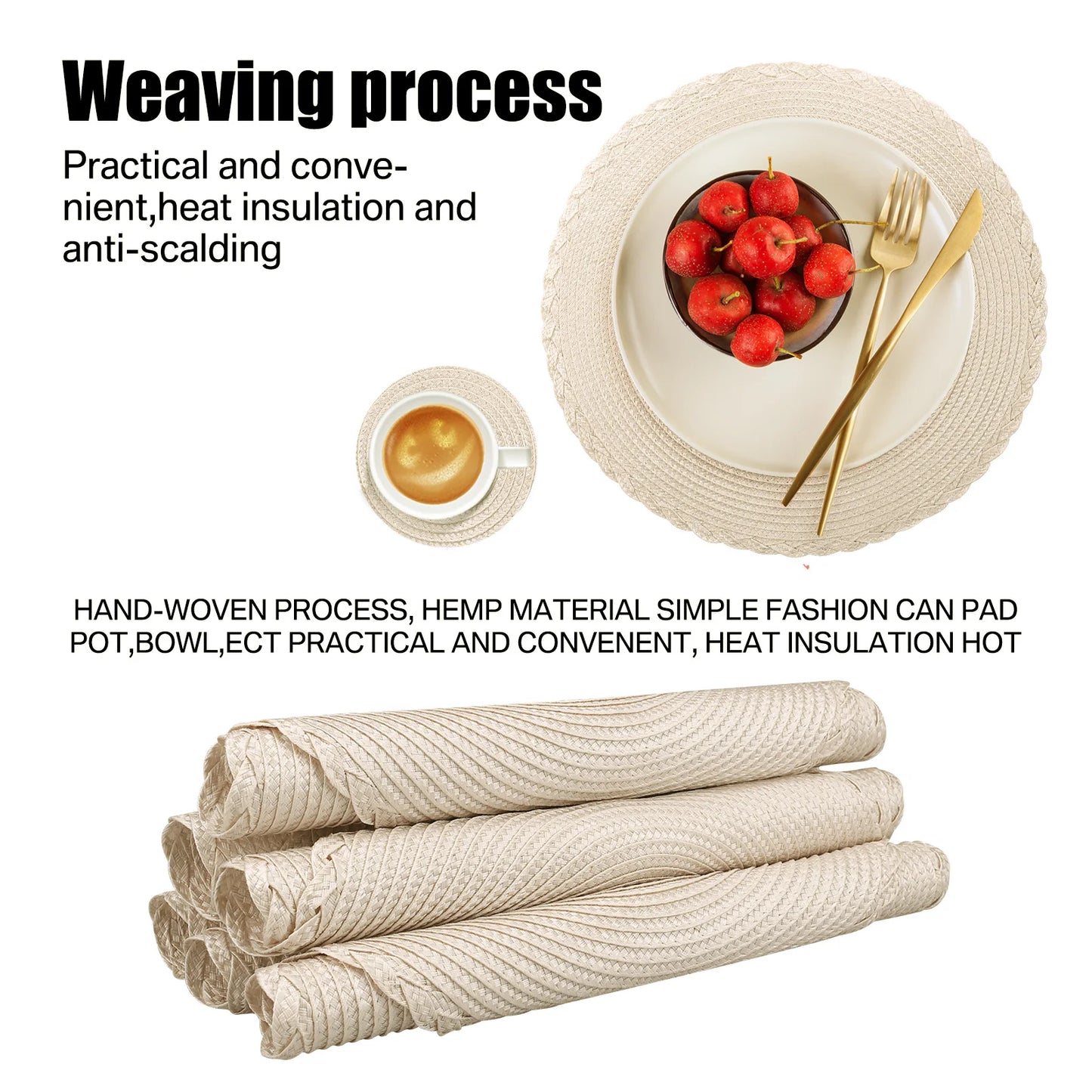 Set of 12 Round Braided Table Mat Washable Placemats Non Slip Heat Resistant for Kitchen Dining Tables Pad With Cup Coasters