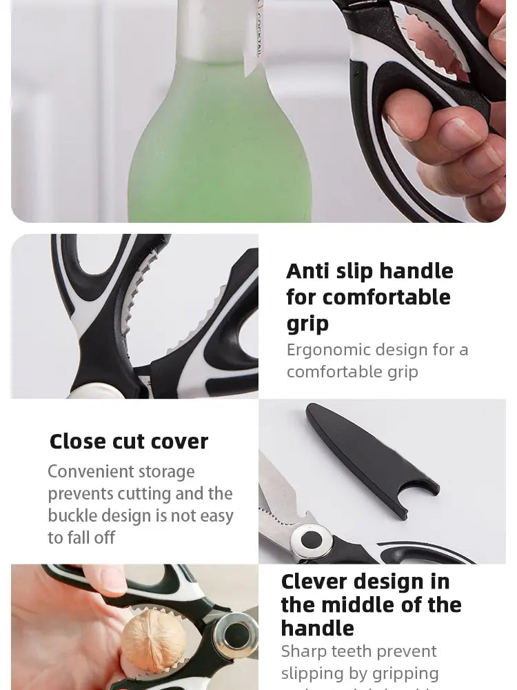Scissors Stainless Steel Kitchen Household Bone Scissors Chicken Wings Fish Chopper Bottle Opener Clip Walnut Kitchen Tools