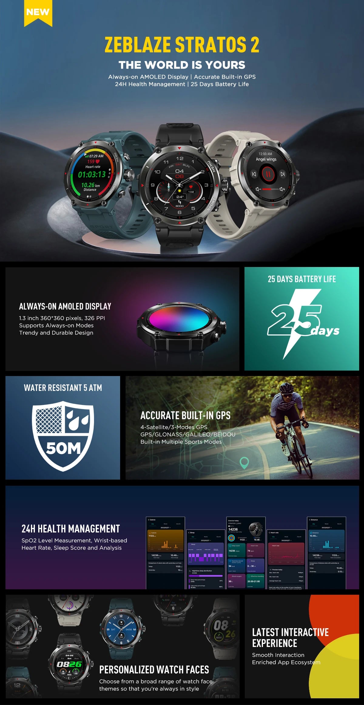 Zeblaze Stratos 2 GPS Smart Watch AMOLED Display 24h Health Monitor 5 ATM Long Battery Life Smartwatch for Men