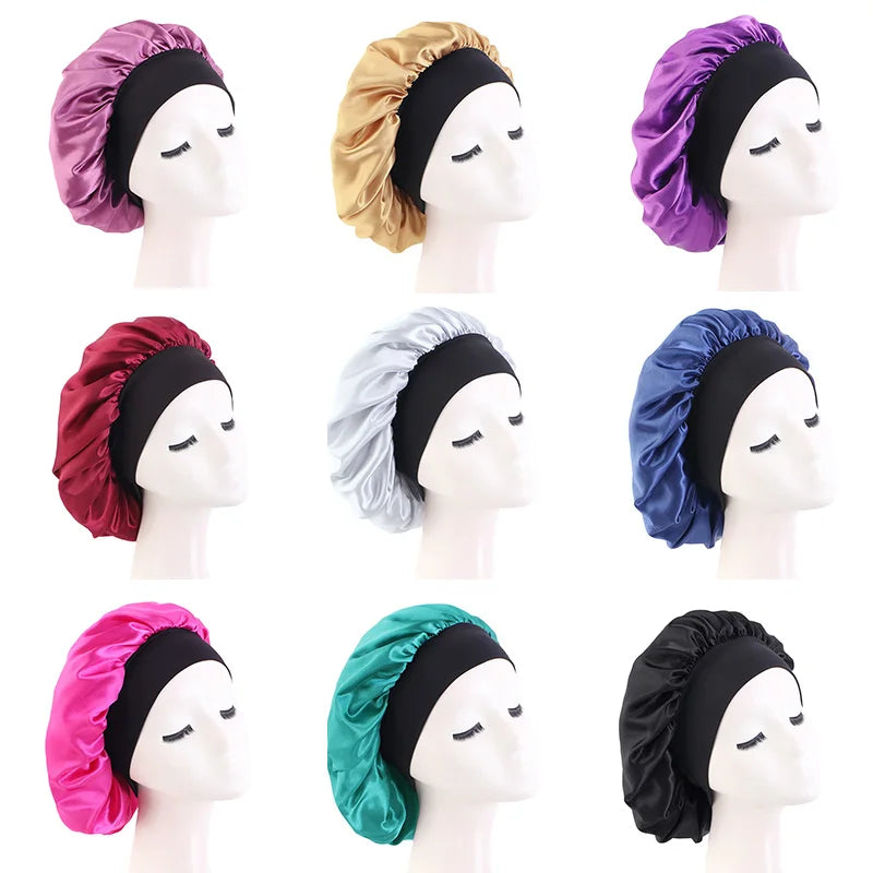 New Satin Sleeping Cap for Women Wide Elastic Band Shower Caps for Natural Long Curly Hair Bathroom Accessories