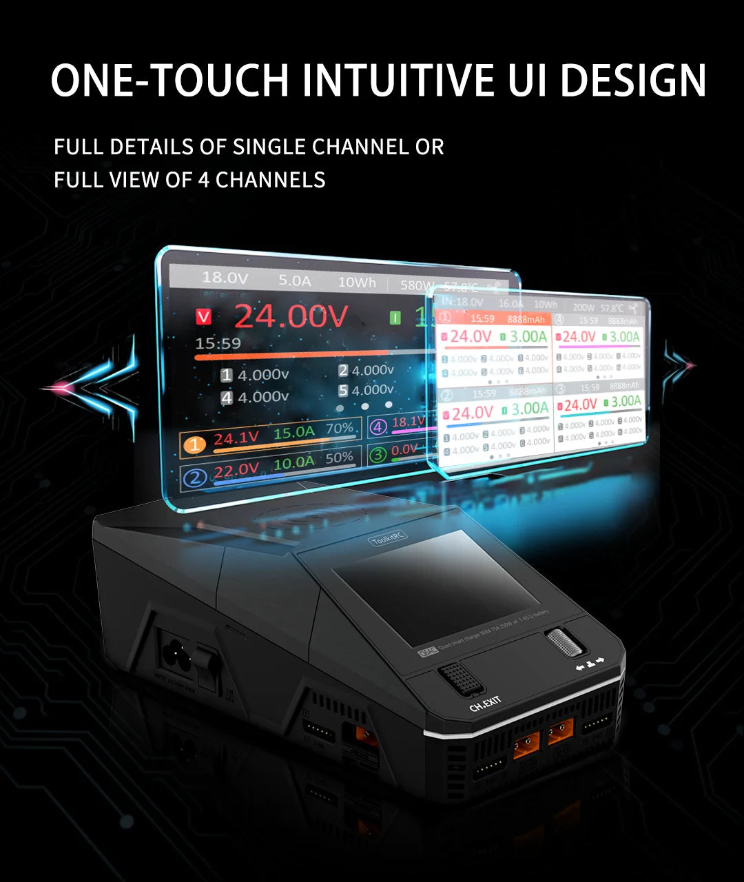 NEW ToolkitRC Q6AC Charger AC 400W/DC 1000W 4CH output Built-in 65W USB A/TYPEC Output ,LiPo, 1-6S,NiMH 1-16S,PB 1-10S Charger