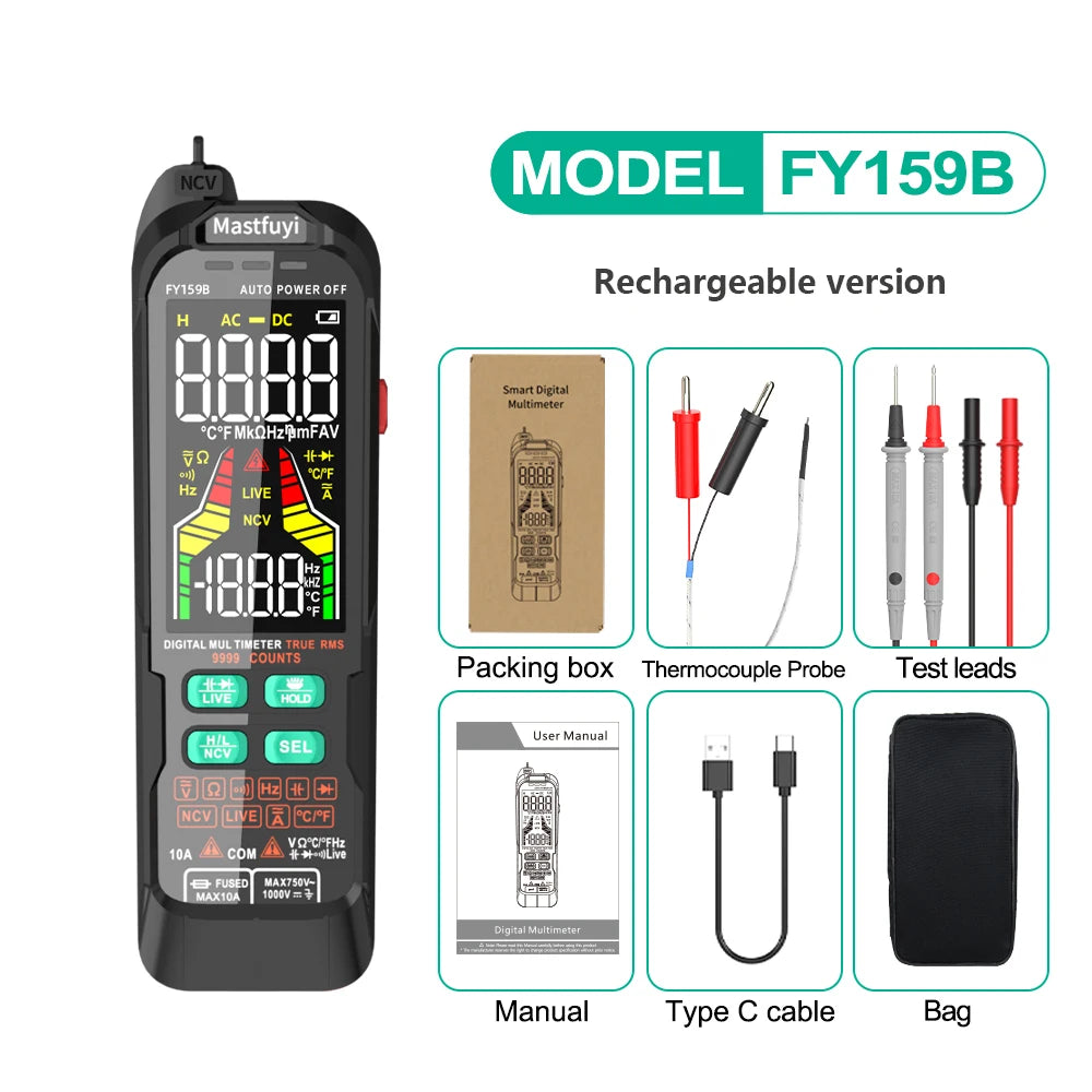 MASTFUYI Multifunction Digital Multimeter AC & DC Voltage & Current, Resistive Capacitance True RMS, Rechargeable Multimeter