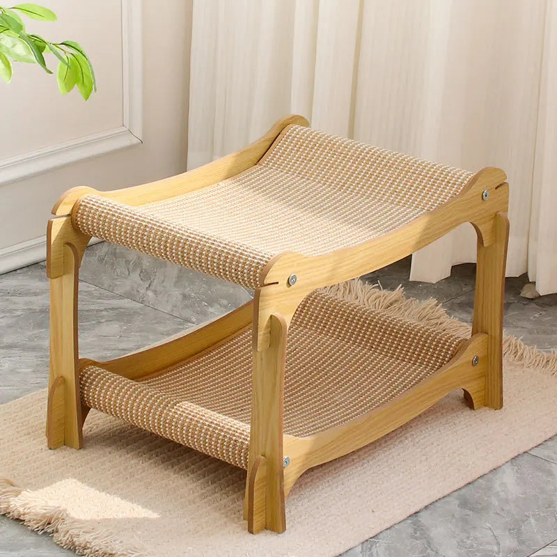 2 Tier Cat Hammock Bed Elevated Wooden Pet Bunk Beds For Indoor Cats Double Wooden Cat Bed Home Wood Raised Hanging Bed For Cats