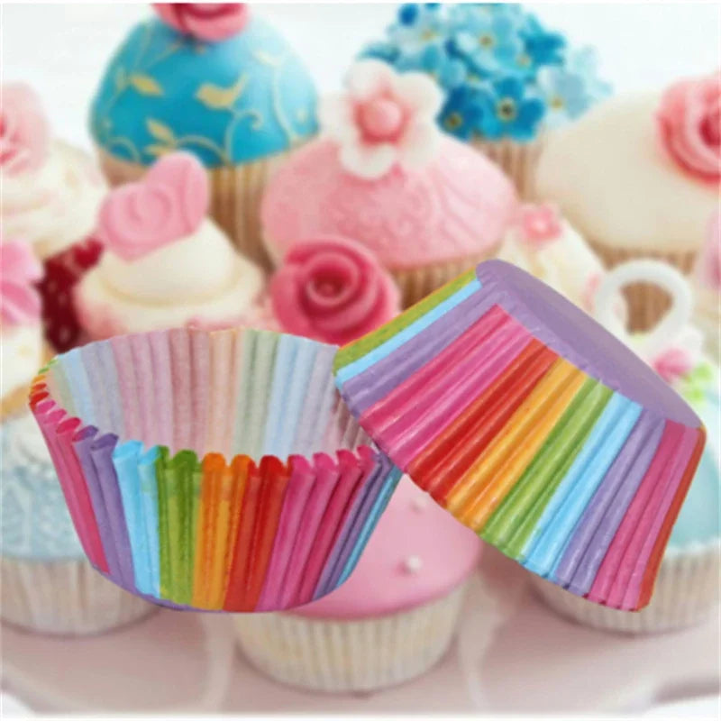 100pcs Cupcake Paper Cups Baking Molds Rainbow Liner Cupcake Muffin Cases Paper Cake Wedding Party Decorating Cupcake Cases