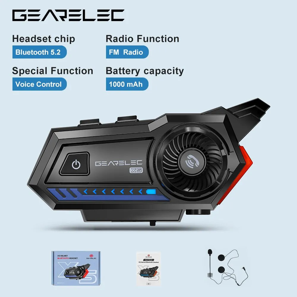 GEARELEC X5 Motorcycle Helmet Headset BT 5.2 Waterproof Wireless Headphones Voice Control Roise Reduction FM Radio Warning Light