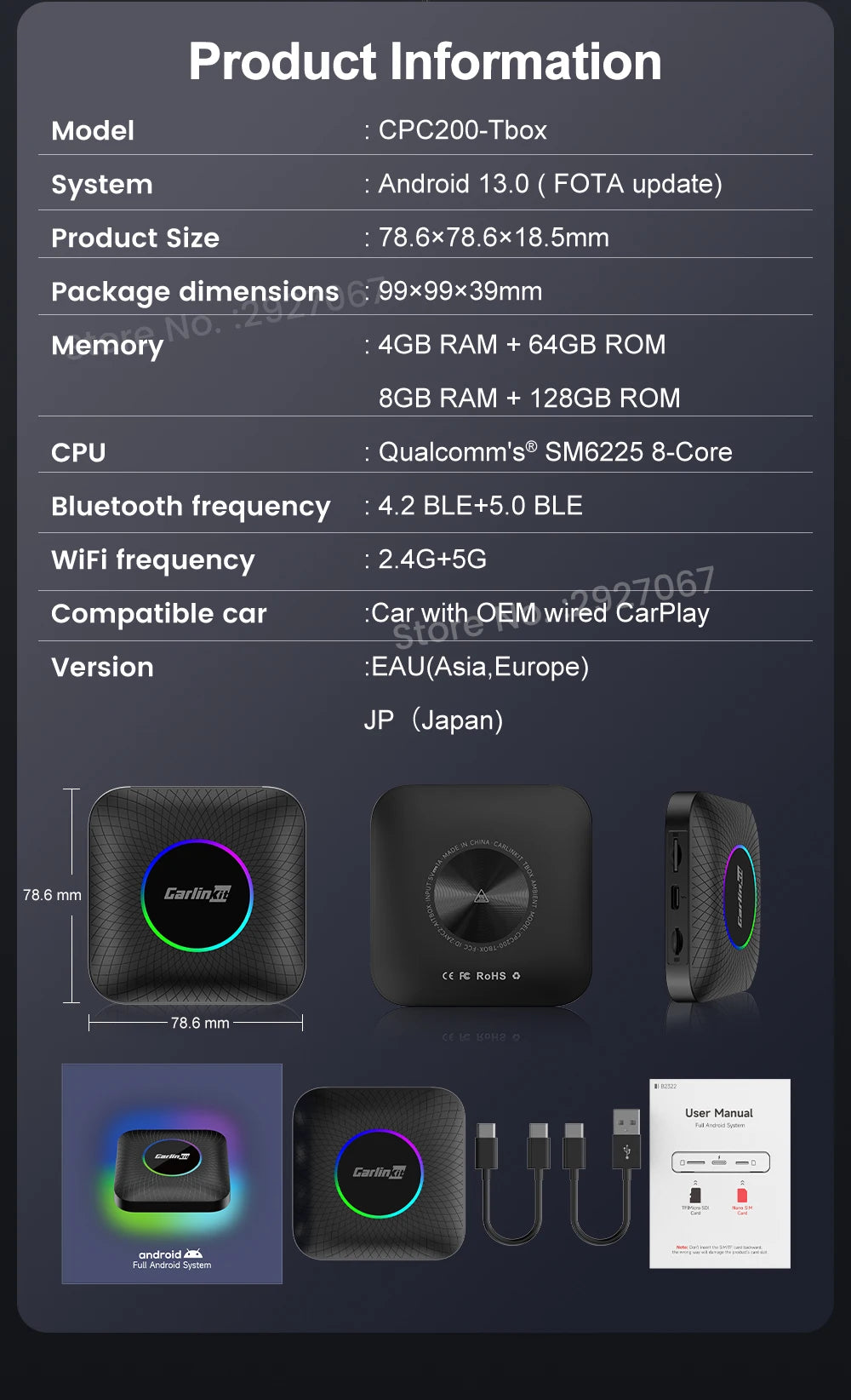 CarlinKit CarPlay Ai Box Android 13 SM6225 8 cores 8G+128G for Netflix Smart TV Box Wireless CarPlay Android Auto 512GB via TF