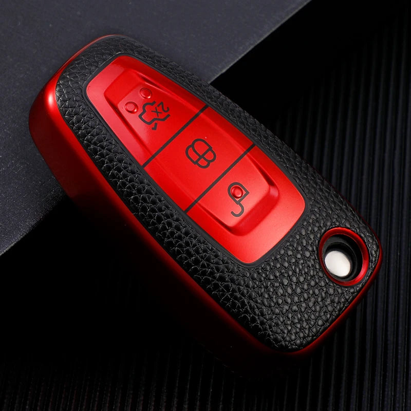Leather TPU Car Key Case Cover for Ford Ranger C-Max S-Max Focus Galaxy Mondeo Transit Tourneo Custom Auto Key Holder Keychain