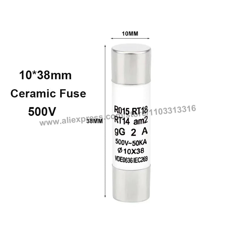 10Pcs 10x38mm Ceramic Fuse 10*38mm 500V 500MA 0.5A 1A 2A 3A 4A 5A 6A 8A 10A 16A 20A 25A 32A 40A RO15 Ceramic Fuse