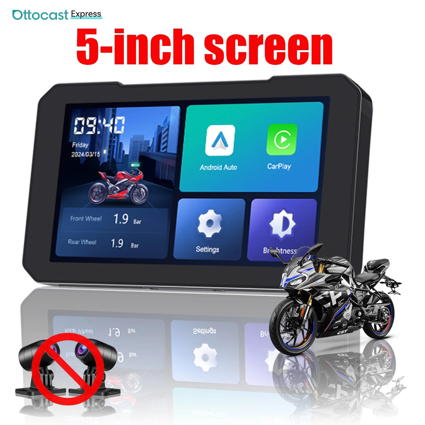 Ottocast 6.0 inch IP67 Waterproof Motorcycle GPS Navigation Wireless Carplay Android Auto DVR Drive Recorder Moto Monitor Wifi