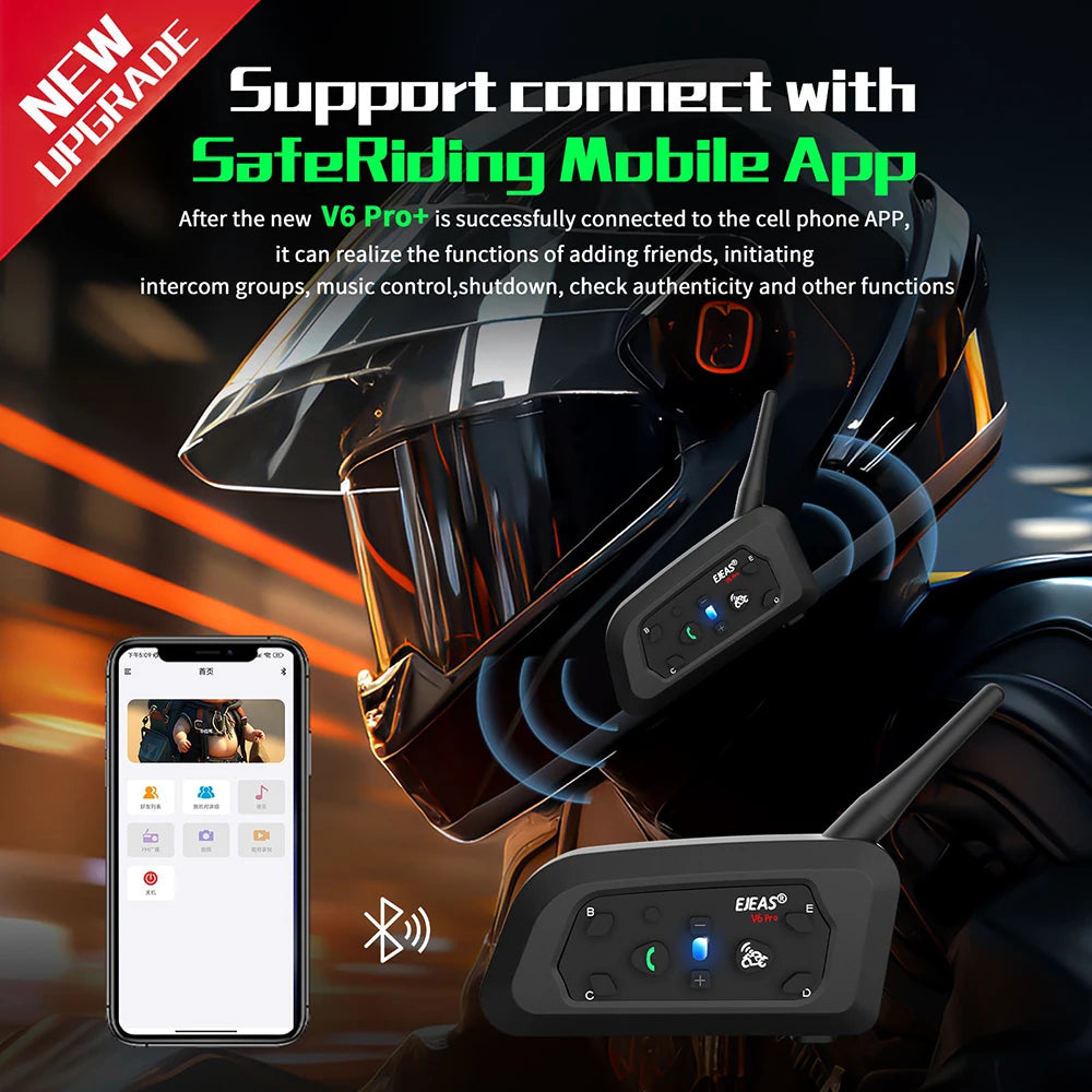 EJEAS V6 PRO +/PLUS Bluetooth Motorcycle Helmet Intercom Headset with 800M BT Interphone Communicator for 6 Riders Waterproof