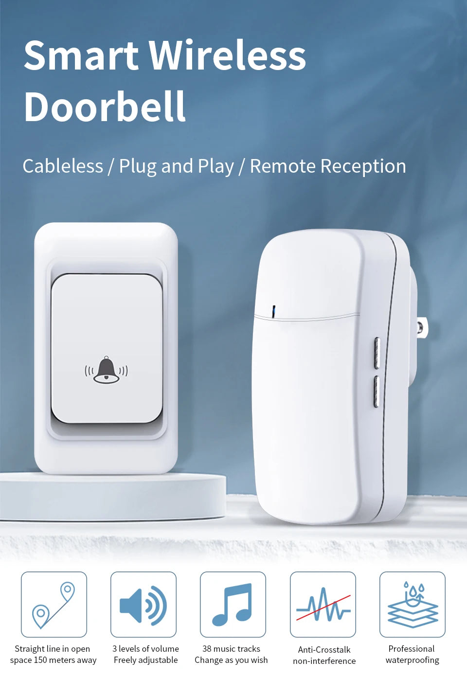 Outdoor Wireless Doorbell US/EU Plug 38 Ringtones Melodies Waterproof 150m Range House Chime Kit Welcome Chime Home Door Bell