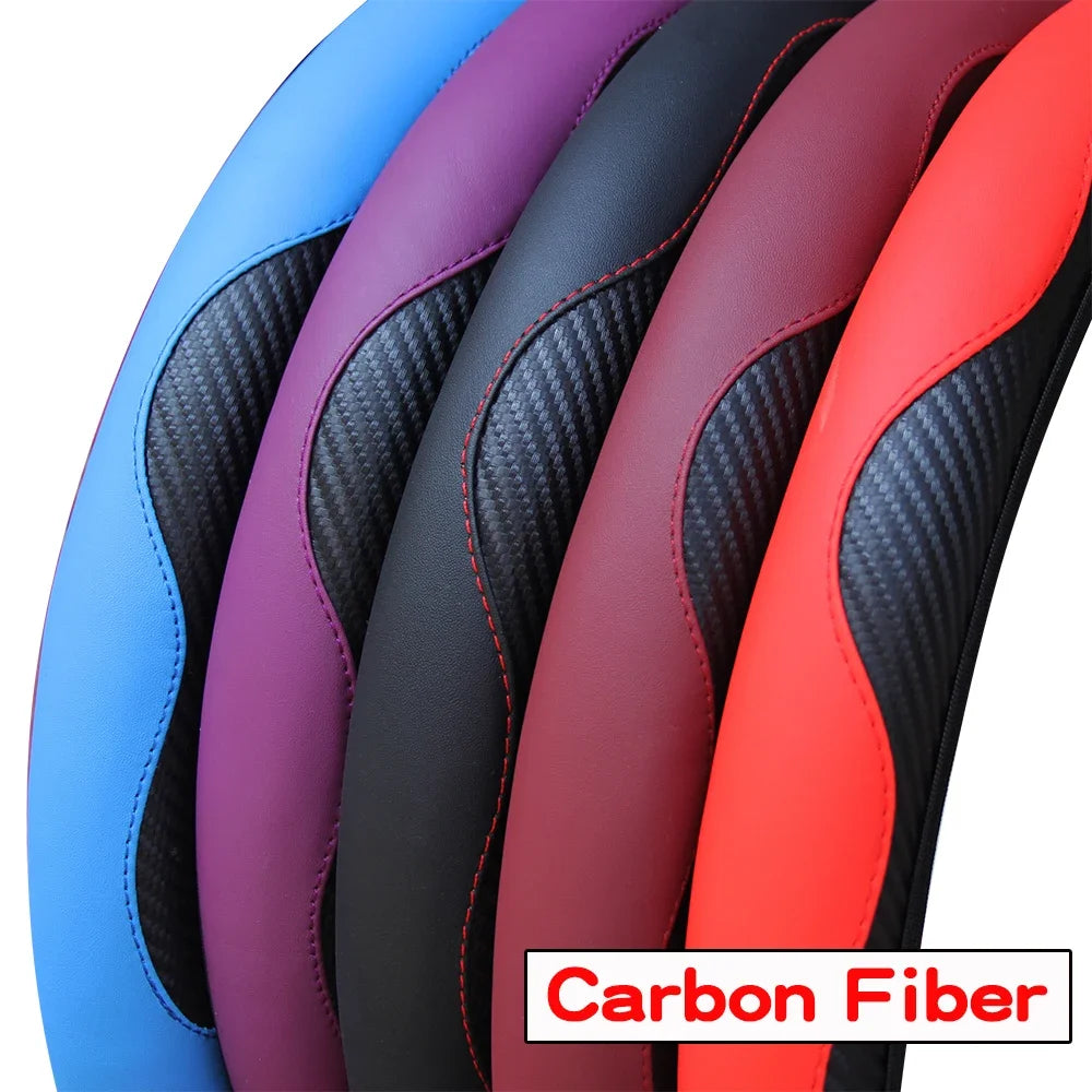PU Carbon Fiber Leather Car Steering Wheel Cover Without Inner Ring Universal Suitable for 14.5-15 Inches of Automotive Supplies