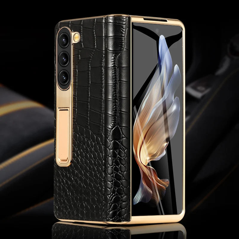 Leather Phone Case for Samsung Galaxy Z Fold 7 6 5 4 3 Fold6 Fold7 Gold Plating Magnetic Hinge Stand Back Cover with Mirror Film
