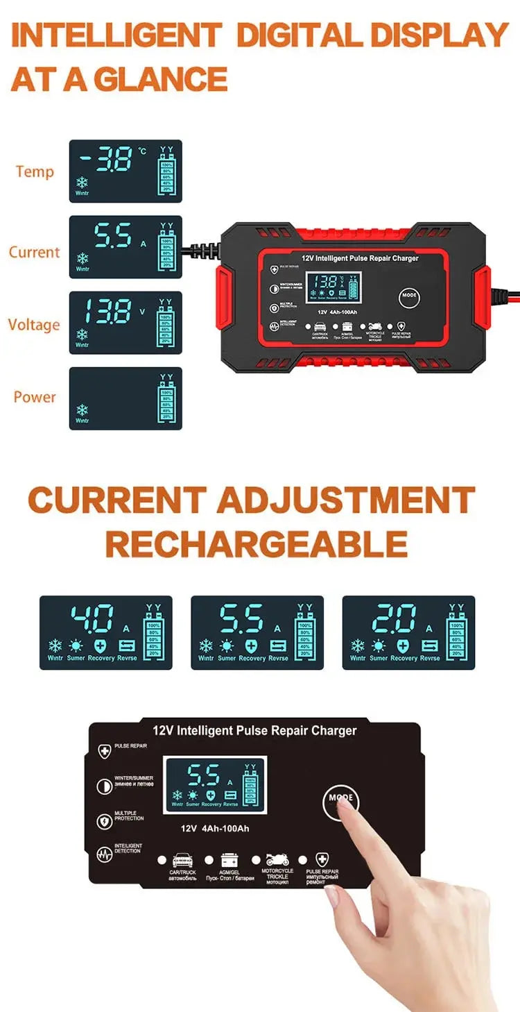 1 Set 12V6A Battery Charger Car/Motorcycle Charger Digital Display Suitable for Lead Acid Batteries EU Plug Reverse Protection