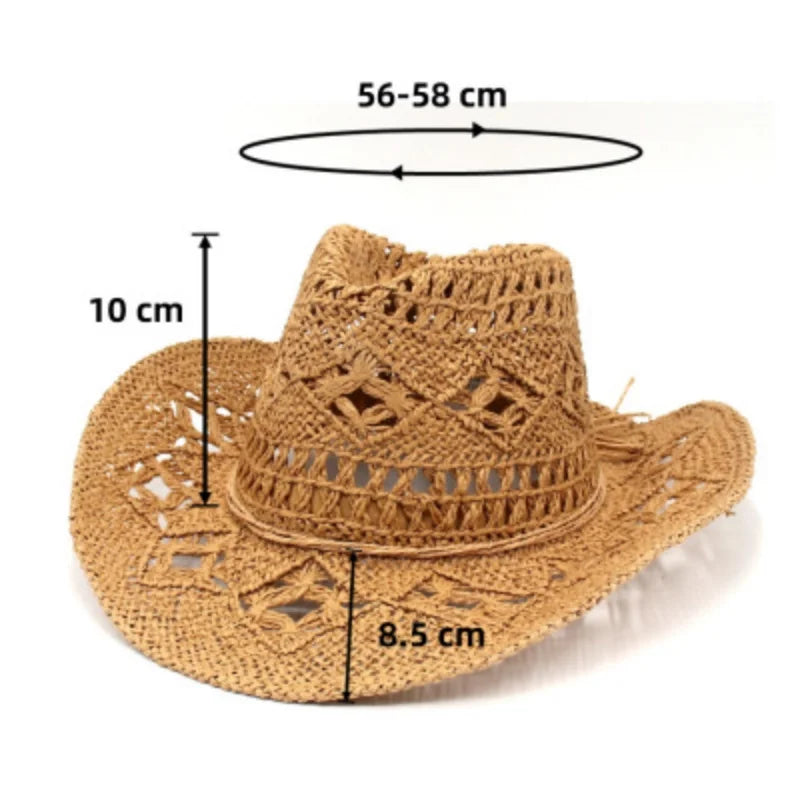 New Fashion Hollowed Handmade Cowboy Straw Hat Round Collapsible Western Cowboy Beach Hat Photo Props Western Sunshade Cap