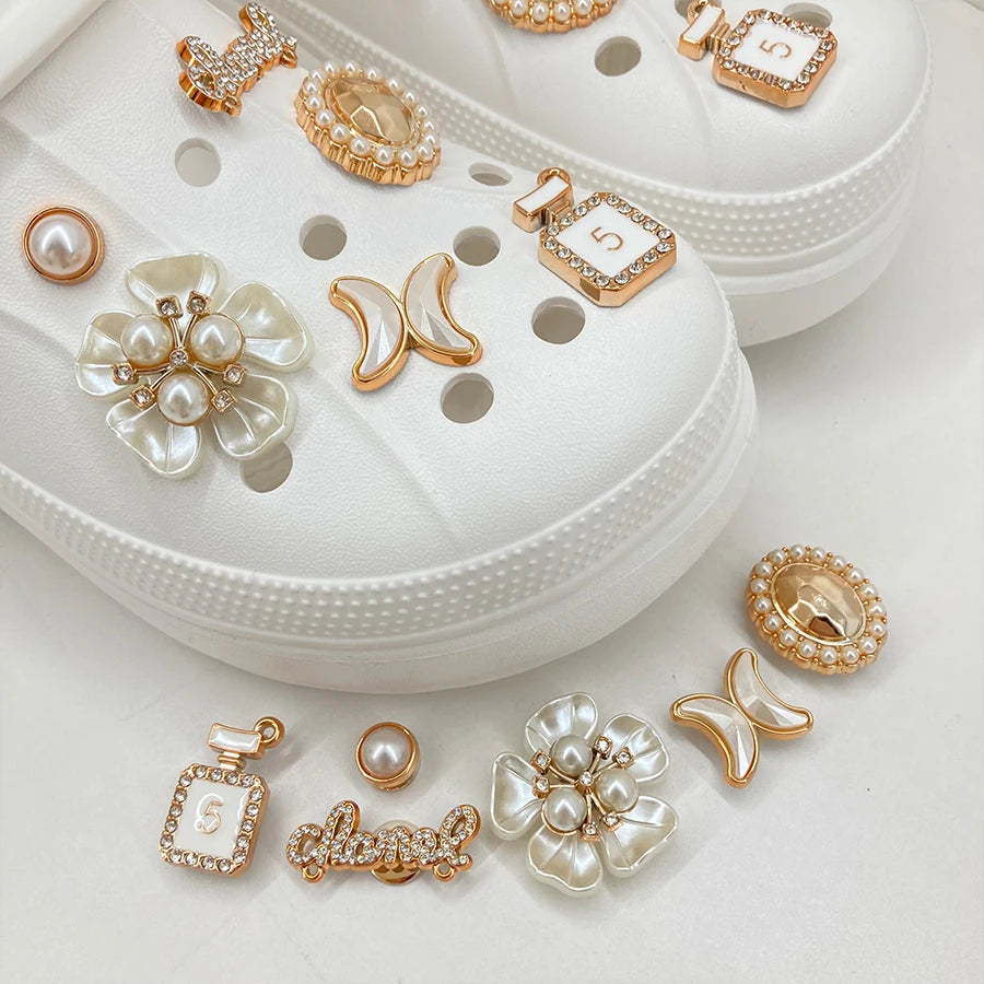 12pcs Gloden Shoe Charms 3D Flower Perfume Faux Pearl Shoe Buckle Decoration Suitable For Crocs Kids Party Gift