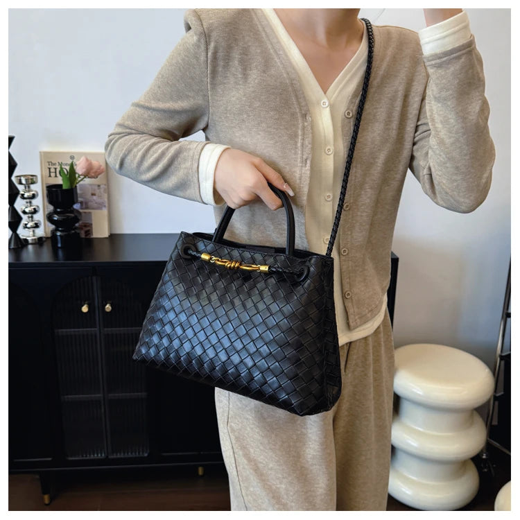 Women's Solid Color Plaid Texture Large Capacity Daily Travel Handbag Shoulder Bag