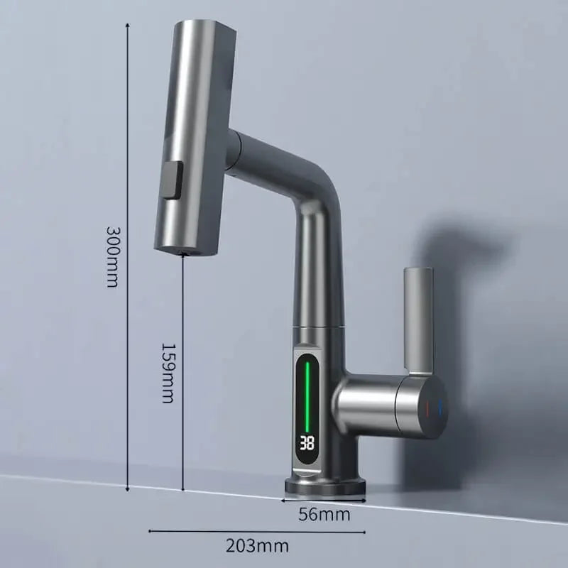 Temperature Digital Display Basin Faucet For Bathroom Pull Out Waterfall Stream 3 Way Sprayer Hot Cold Water Sink Mixer Wash Tap
