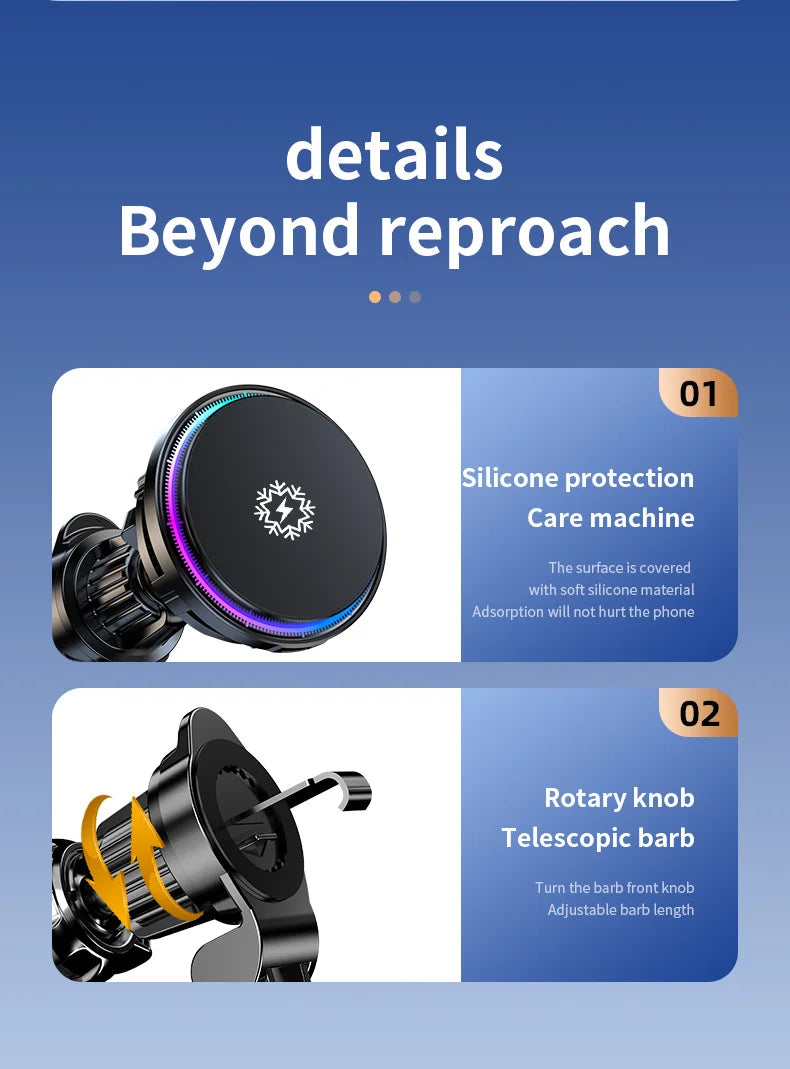 Ice Cooling RGB Magnetic Wireless Car Charger Fast Charging Station For Magsafe iPhone 16 15 14 13 12 Pro Max Phone Holder Stand