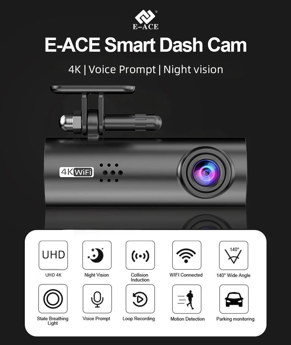 E-ACE 4K UHD WIFI Mini Dash Cam Car Dvr Video Recorder With APP Control Night Vision 24H Parking Camera Monitor Car Accessories