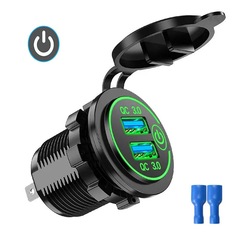 Dual USB Car Charger Waterproof 12V/24V QC3.0 USB Fast Charger Socket Power Outlet with Touch Switch