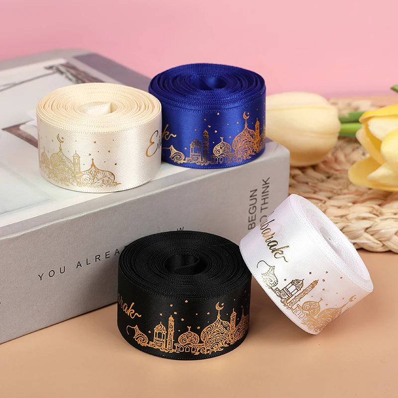 2.5cm 5Yards Eid Mubarak Ribbon Gift Box Wrapping Decoration DIY Bow 2025 Islamic Muslim Festival Party Supplies Ramadan Kareem