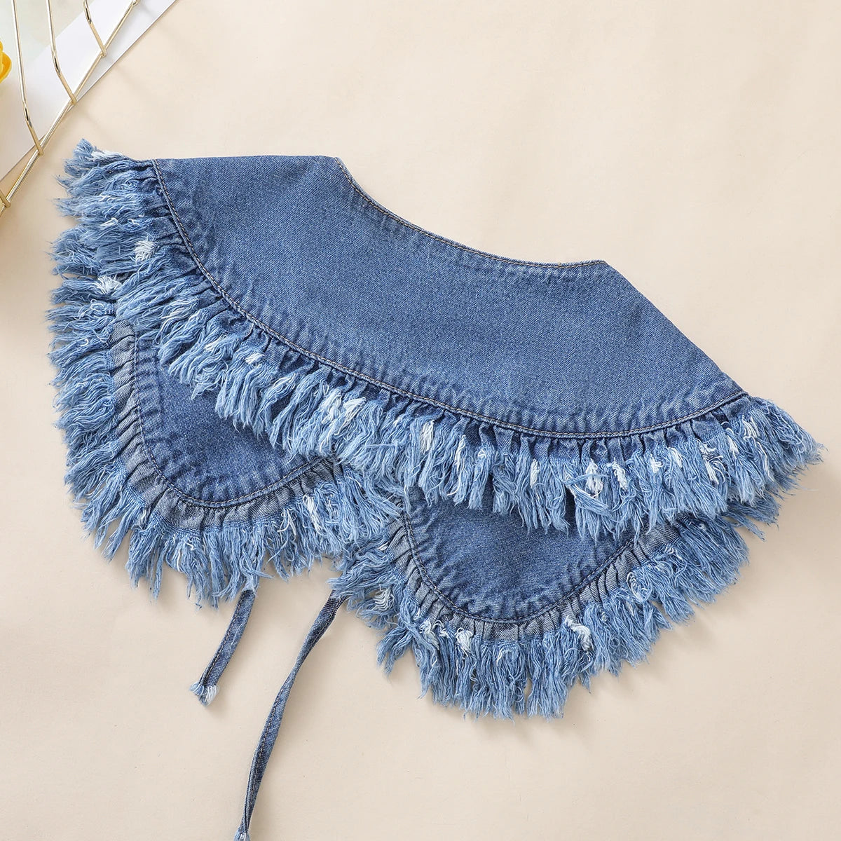 Women's Washed Denim Shawl Collar with Pleated Lace and Fashionable Fake Collar