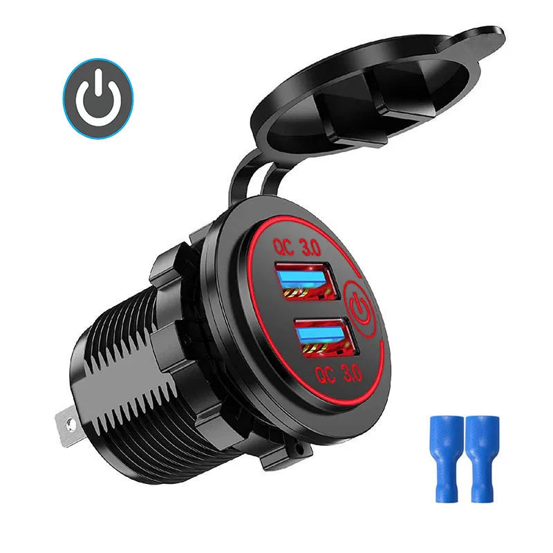 Dual USB Car Charger Waterproof 12V/24V QC3.0 USB Fast Charger Socket Power Outlet with Touch Switch