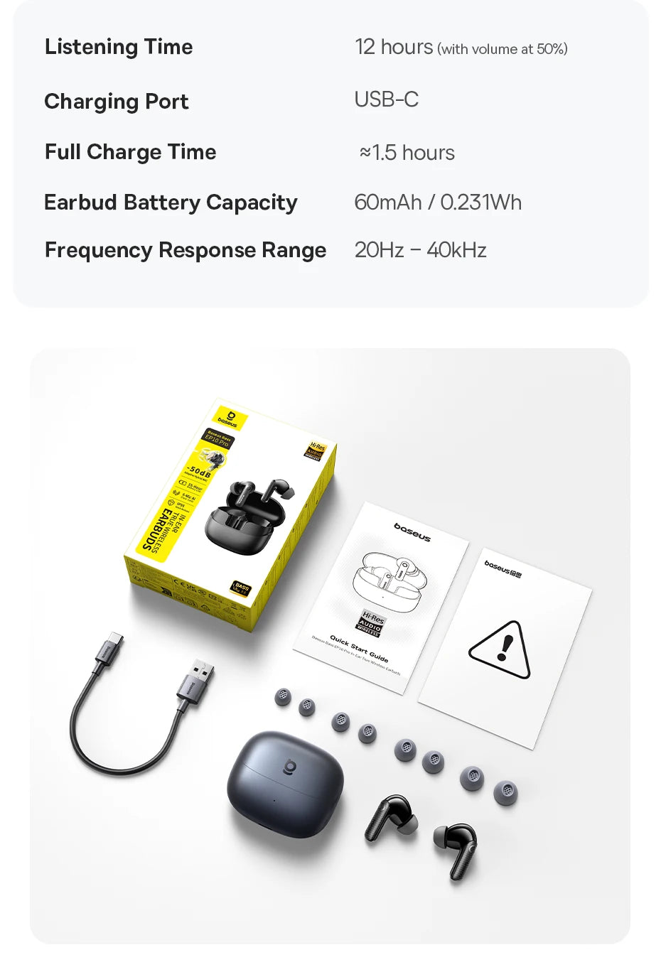 Baseus EP10 Pro ANC Earphones Wireless Bluetooth 6.0 50dB Realtime Adaptive ANC Headphones 6 Mic in-Ear Earbuds Hi-Res LDAC IP55
