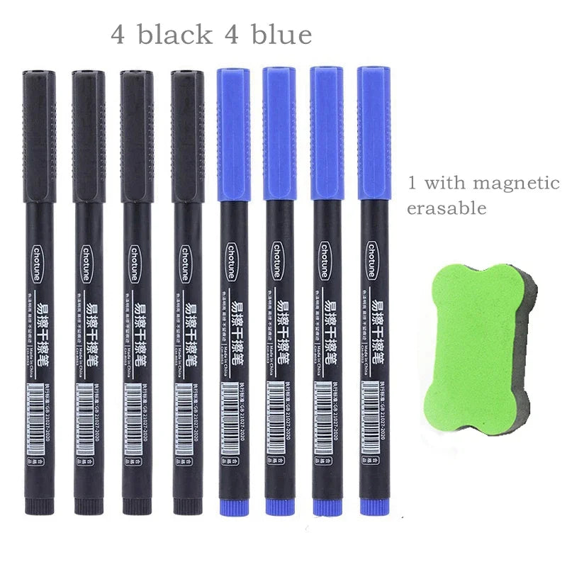 8pcs Erasable Whiteboard Pen 0.5mm Fine Point Black/Blue/Red Ink Blackboard Marker School Office Art Writing Stationery
