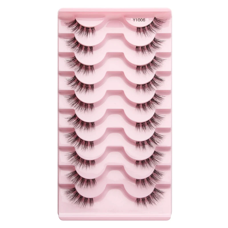 3/5/10Pairs Half False Lashes Natural Short 3D Cat Fake Mink Eyelashes Extension Winged Fluffy Wispy Faux Cils Clear Band Makeup