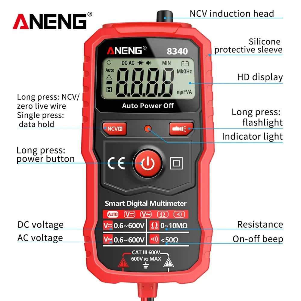 Digital Multimeter Anti-Burn Tester ANENG 8340 Intelligent  1999 CountsAC/DC Voltage Voltmeter Ohm Meter Resistance NCV  tools