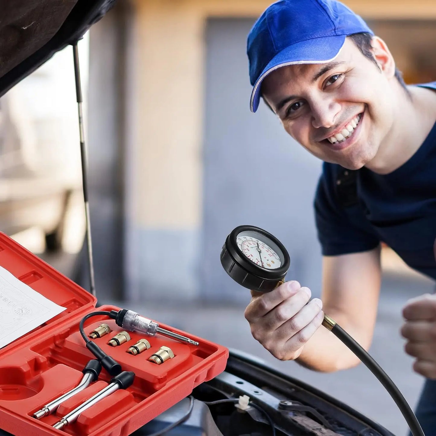 Petrol Engine Cylinder Compression Tester Kit Automotive and Motorcycles Tool 0-300PSI Engine Cylinder Pressure 0-21 Bar Gauge