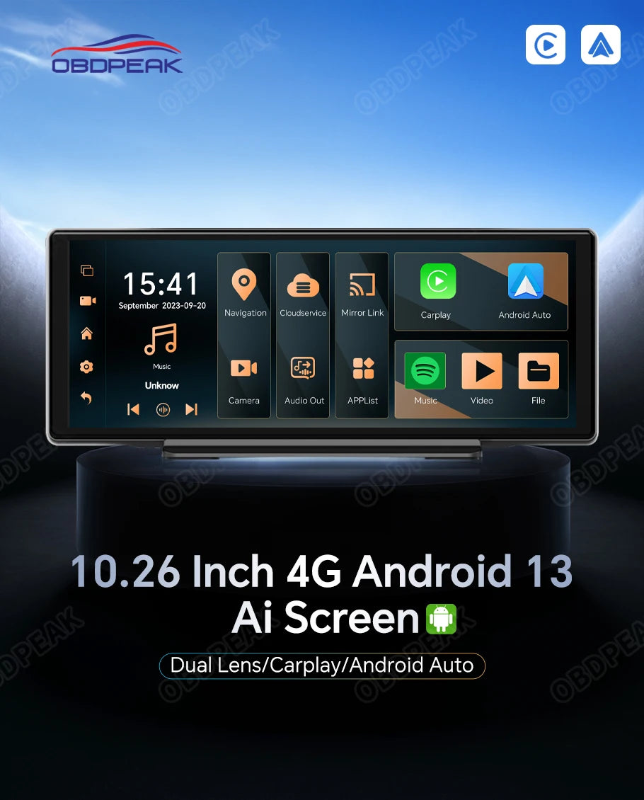 OBDPEAK K50 10.26'' Dashboard 4G+64G Android 13 AI Screen Dash Cam GPS Navigation Carplay Android AUTO Dual Lens Video Recorder