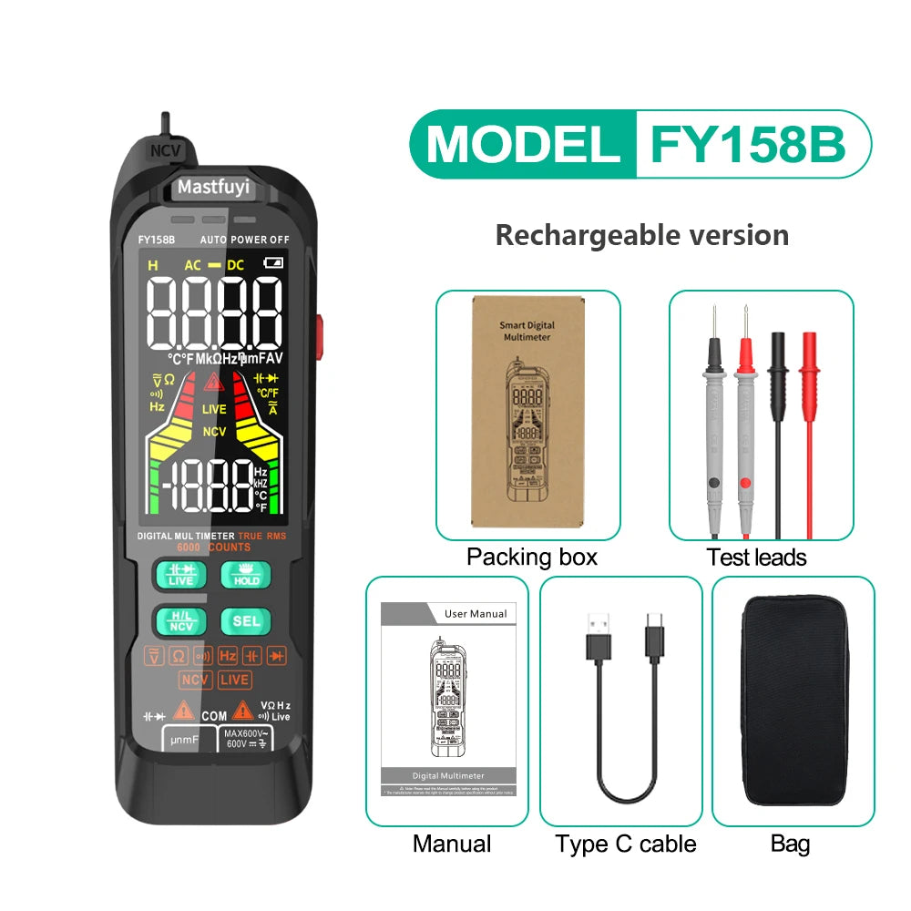MASTFUYI Multifunction Digital Multimeter AC & DC Voltage & Current, Resistive Capacitance True RMS, Rechargeable Multimeter