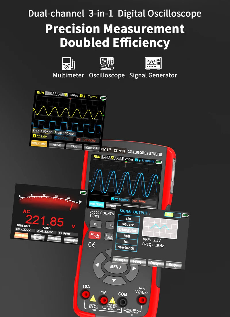 ZOYI ZT-703S 3-in-1 Oscilloscope Multimeter with 3.5 Inch IPS Display,25000 Counts, Dual Channel 50MHZ Bandwidth,280MSa/s High