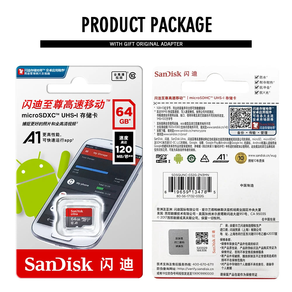 Sandisk Ultra A1 Micro SD Card 128GB Class 10 Flash TF Card 128GB Memory Card 128gb memoria disk for samrtphone + SD Adapter