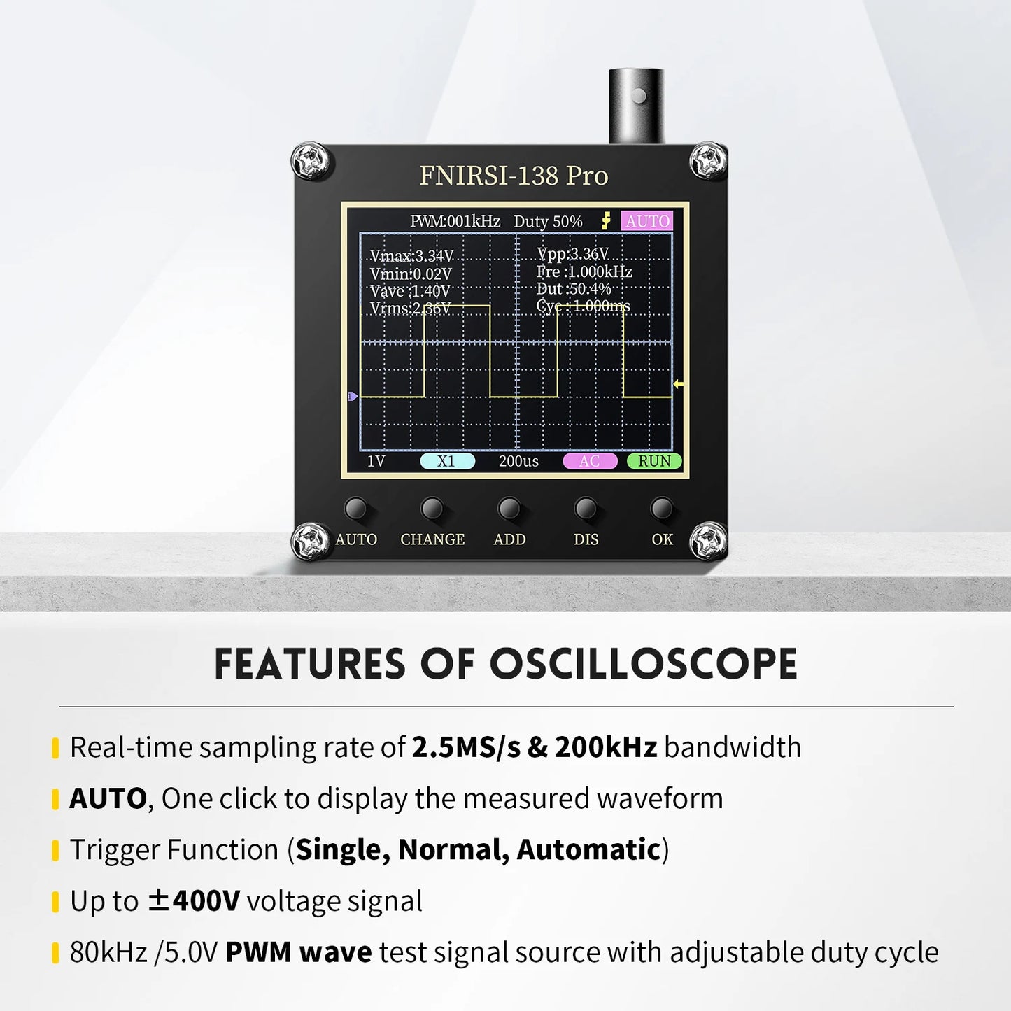 FNIRSI-138 PRO DSO152 Handheld Digital Oscilloscope 2.5MSa/s 200KHz Analog Bandwidth Support AUTO,80Khz PWM And Firmware Update