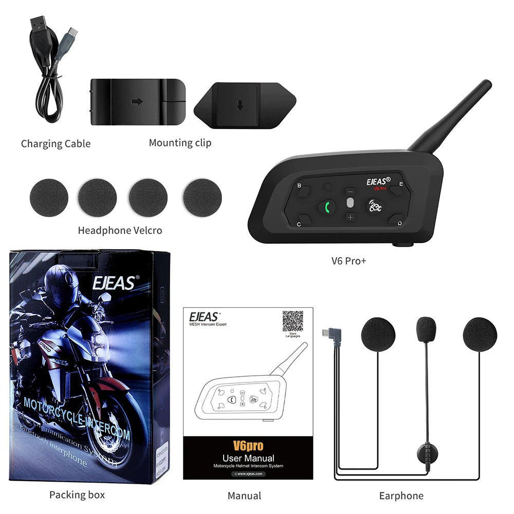 EJEAS V6 PRO +/PLUS Bluetooth Motorcycle Helmet Intercom Headset with 800M BT Interphone Communicator for 6 Riders Waterproof