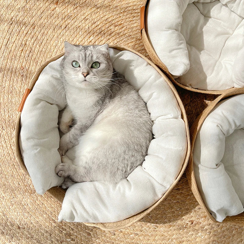 Woven Rattan Cat Basket Nesting Bed All-Season Cozy Kitten Lounger Cushion Scratching Board Detachable 2 in1 Cats Beds House