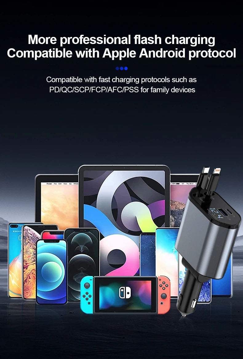 100W Car Charger Car Super Fast Charge Flash Charging, Telescopic Cable Four-in-one Point Smoker Car Charging