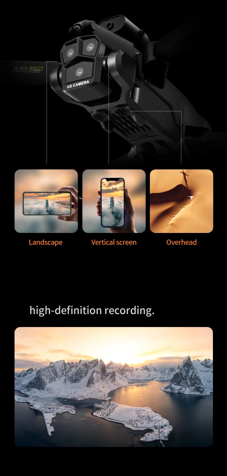 New K10 Max RC Drone 8K Professional Triple Camera Optical Flow Obstacle Avoidance Gesture Photography Foldable Quadcopter Toys