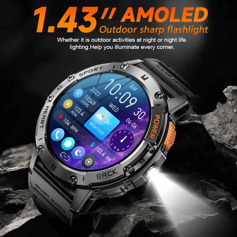 New Smart Watch Men Outdoor 530mAh Large Battery Bluetooth Call Sport Fitness Bracelet AMOLED Screen Flashlight Smartwatch