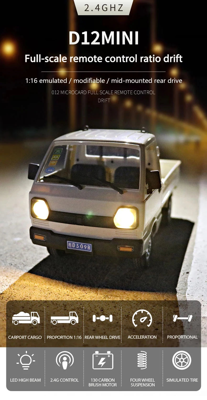ZWN 1:12/1:16 Retro Rc Car With LED Lights Full-scale Simulation Vehicle Professional 4WD Remote Control Pickup Truck Model Toys