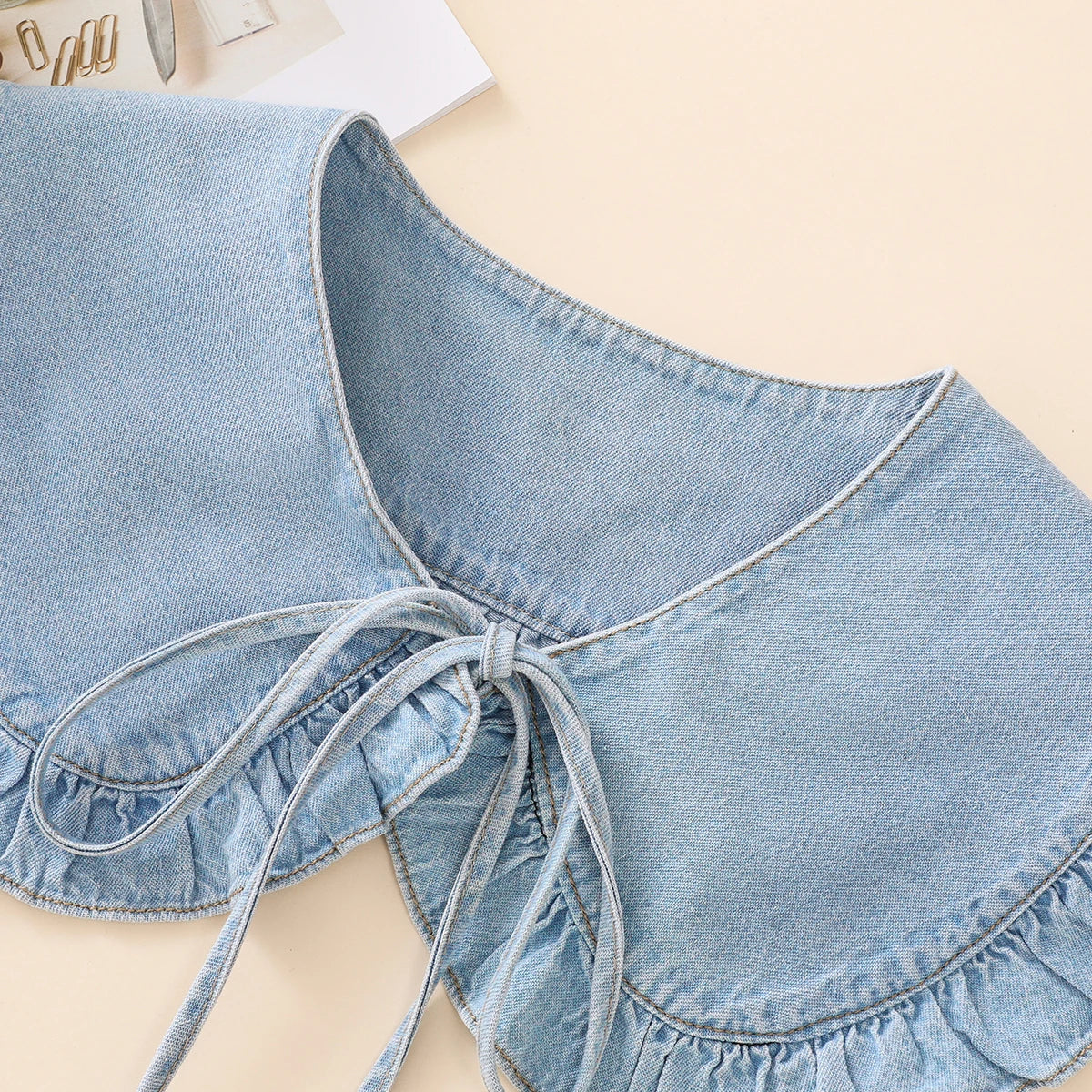 Women's Washed Denim Shawl Collar with Pleated Lace and Fashionable Fake Collar