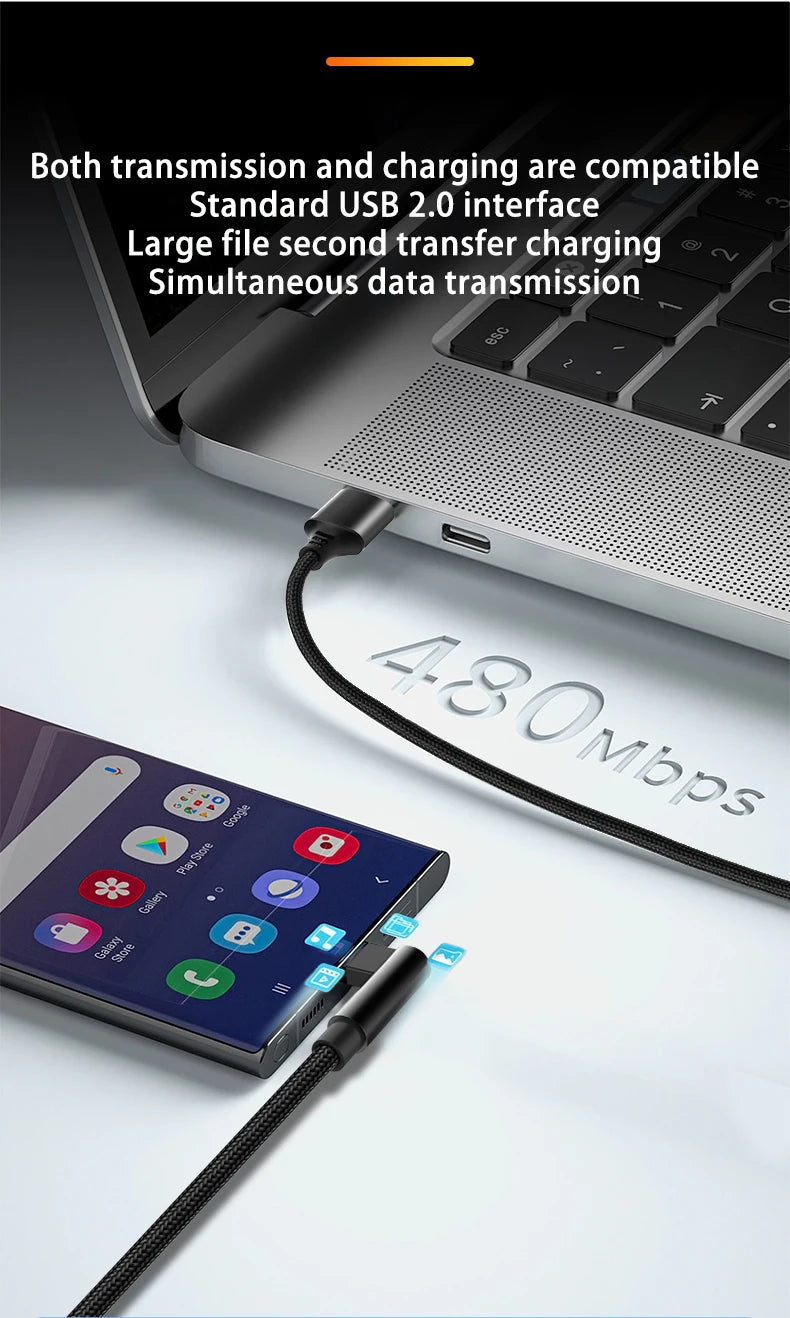 Elbow USB C 6A Fast Charging Expand 3m 5-meter Type C Data Cable for Huawei,Xiaomi,Samsung,Google,Apple MACBOOK iPad Air Game