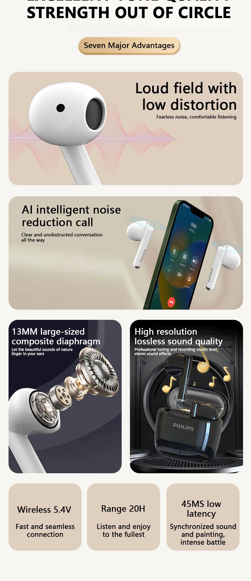 PHILIPS TAT2420 Semi-in-ear Wireless Bluetooth Earphones HIFI Sound Quality Call Noise Reduction Mini Portable Music Headset