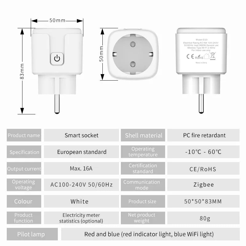 WiFi Smart Plug Socket EU 16/20A with Power Monitoring Timing Voice Control Works with Tuya Alexa Google Home Smart Life
