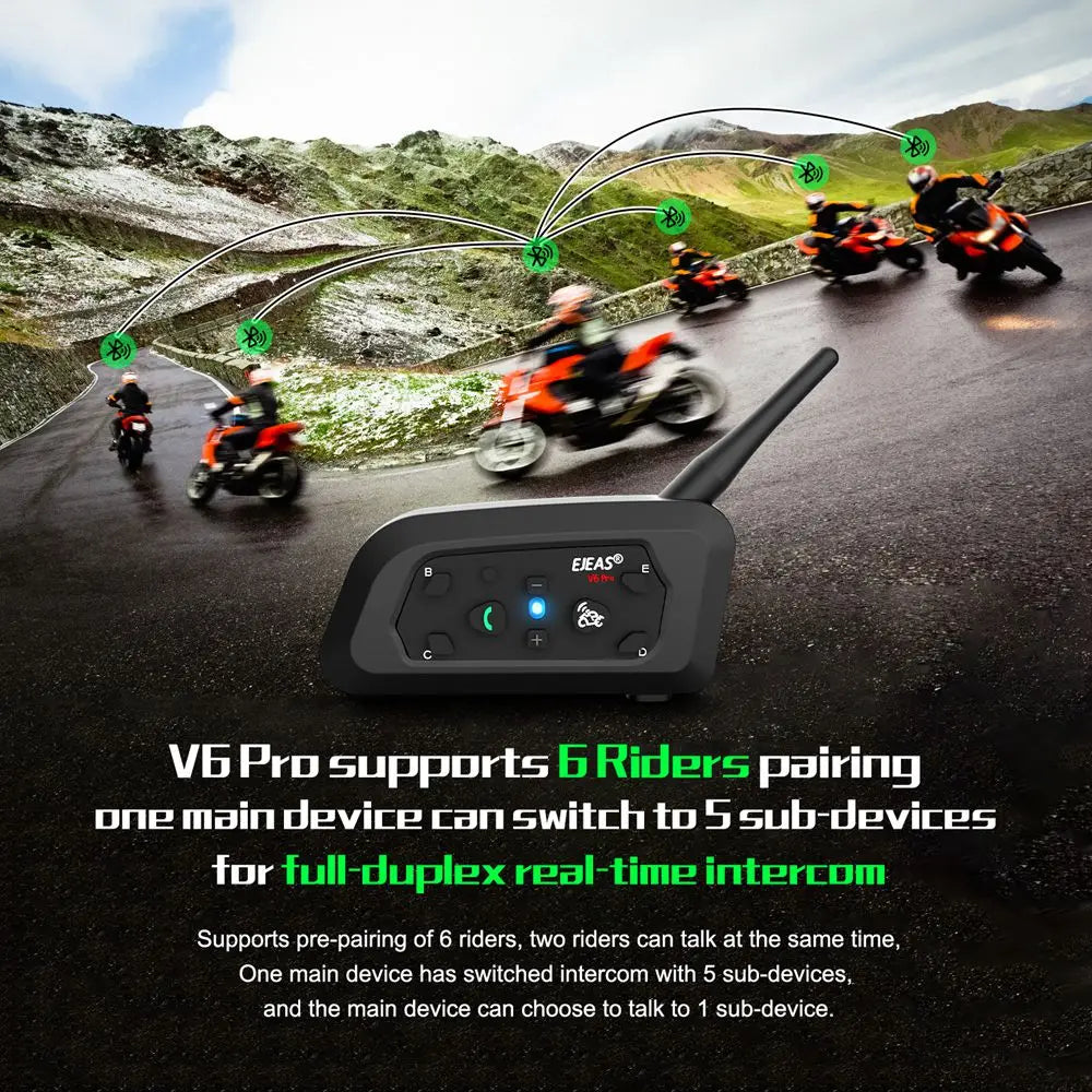 EJEAS V6 PRO+ Motorcycle Helmet Intercom Bluetooth Headset 6 Riders Communicator Waterproof V5.1 Music Player 800m Interphone