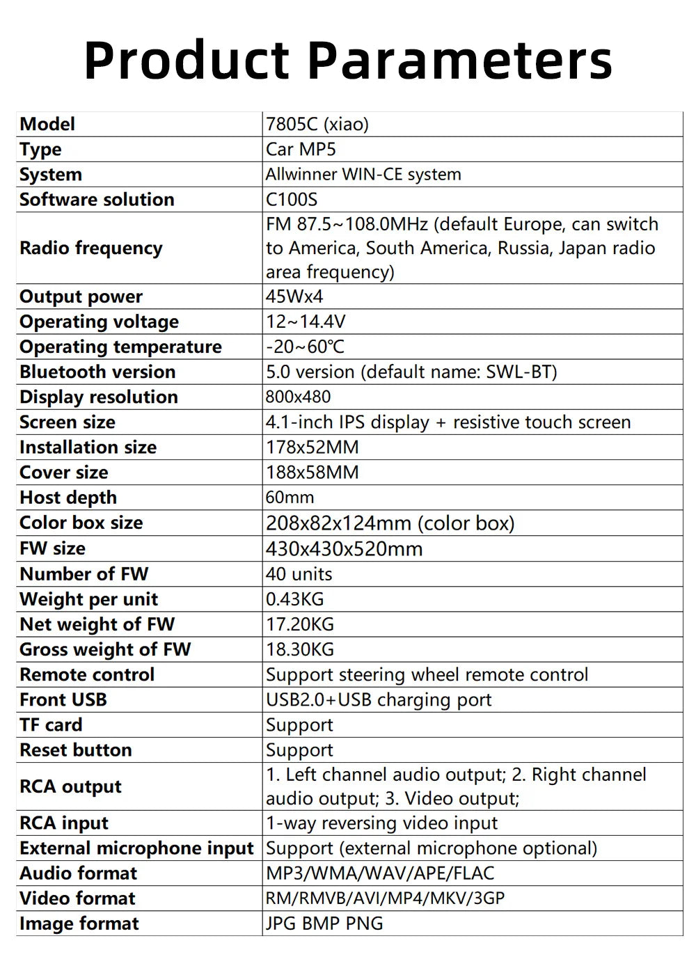1 Din 4Inch Car Radio Touch Screen Bluetooth Music Handsfree MP5 Player TF USB Charging Remote Audio System ISO Head Unit 7805C